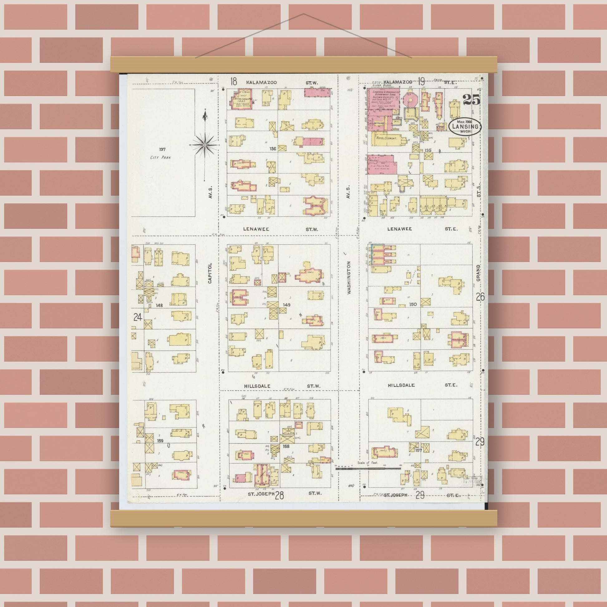 Old map wall art mockup — magnetic wood frame on brick wall — Sanborn Fire Insurance Map from Lansing, Ingham County, Michigan (1906), Sheet #0025