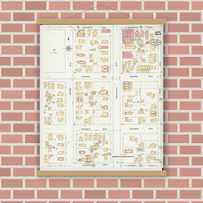 Old map wall art mockup — magnetic wood frame on brick wall — Sanborn Fire Insurance Map from Lansing, Ingham County, Michigan (1906), Sheet #0025