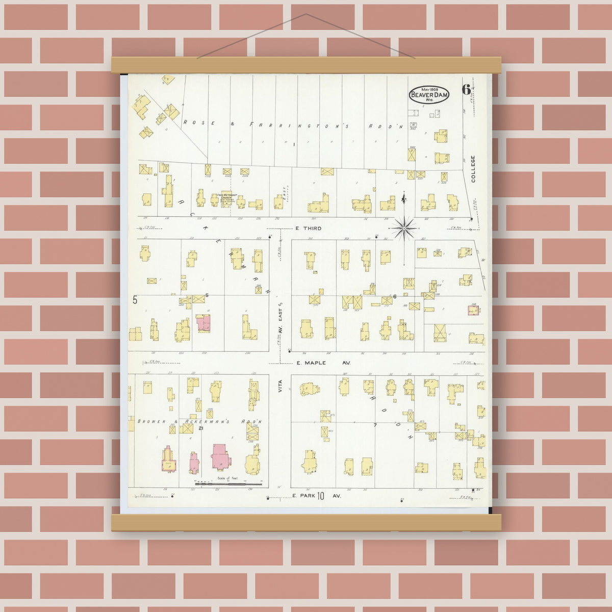 Old map wall art mockup — magnetic wood frame on brick wall — Sanborn Fire Insurance Map from Beaver Dam, Dodge County, Wisconsin (1909), Sheet #0006