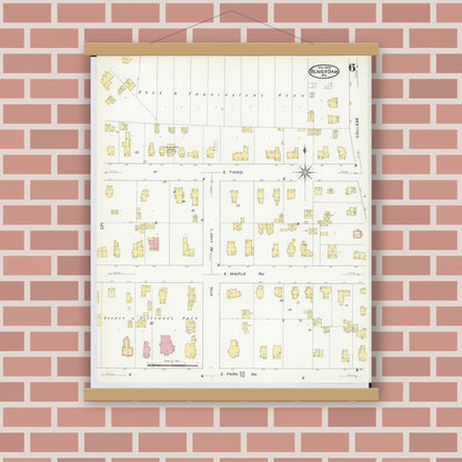 Old map wall art mockup — magnetic wood frame on brick wall — Sanborn Fire Insurance Map from Beaver Dam, Dodge County, Wisconsin (1909), Sheet #0006