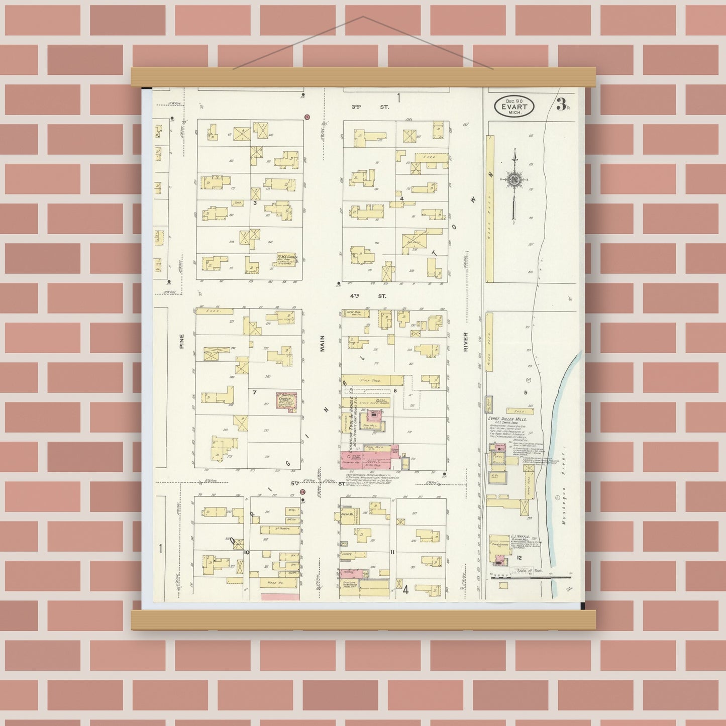 Old map wall art mockup — magnetic wood frame on brick wall — Sanborn Fire Insurance Map from Evart, Osceola County, Michigan (1910), Sheet #0003