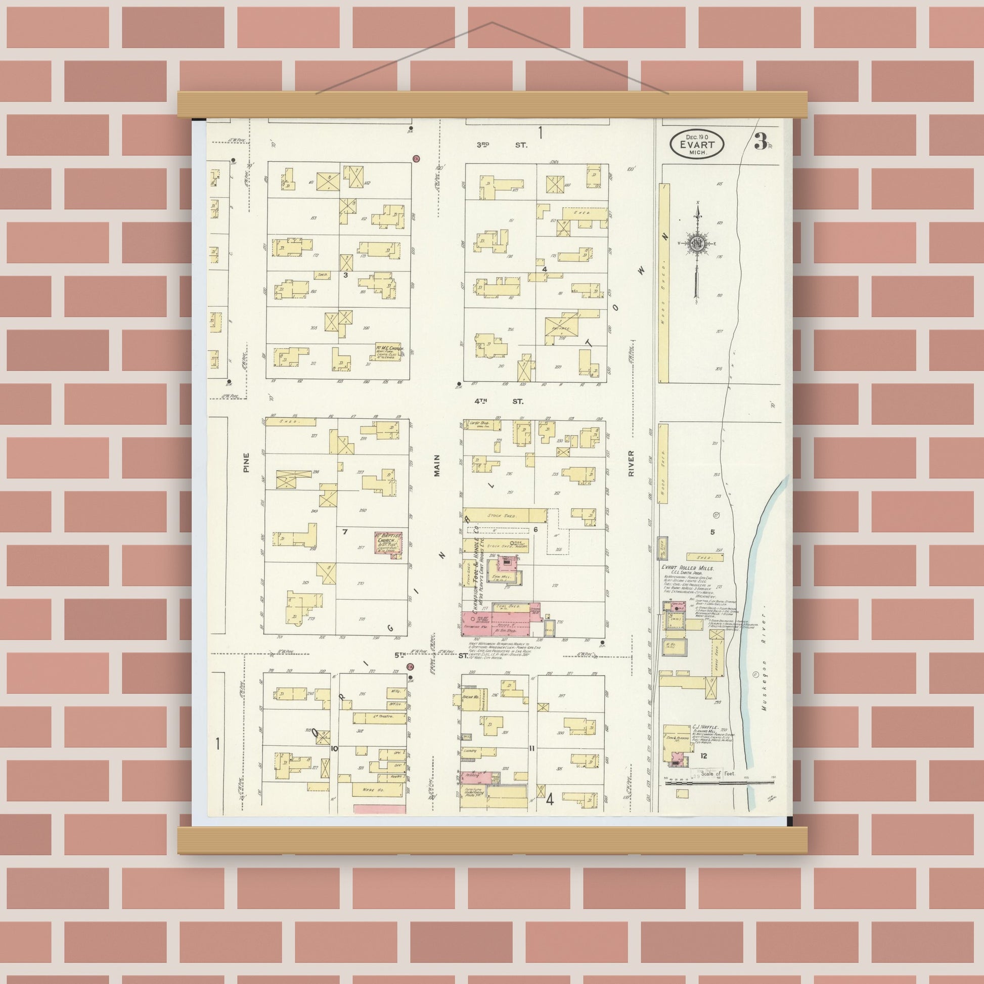 Old map wall art mockup — magnetic wood frame on brick wall — Sanborn Fire Insurance Map from Evart, Osceola County, Michigan (1910), Sheet #0003