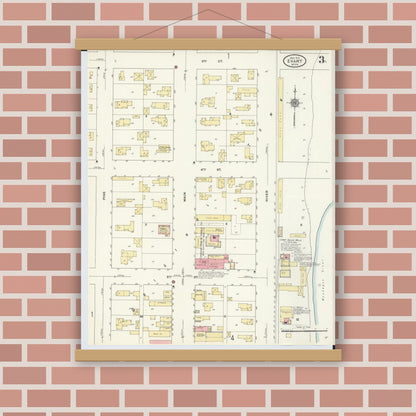 Old map wall art mockup — magnetic wood frame on brick wall — Sanborn Fire Insurance Map from Evart, Osceola County, Michigan (1910), Sheet #0003