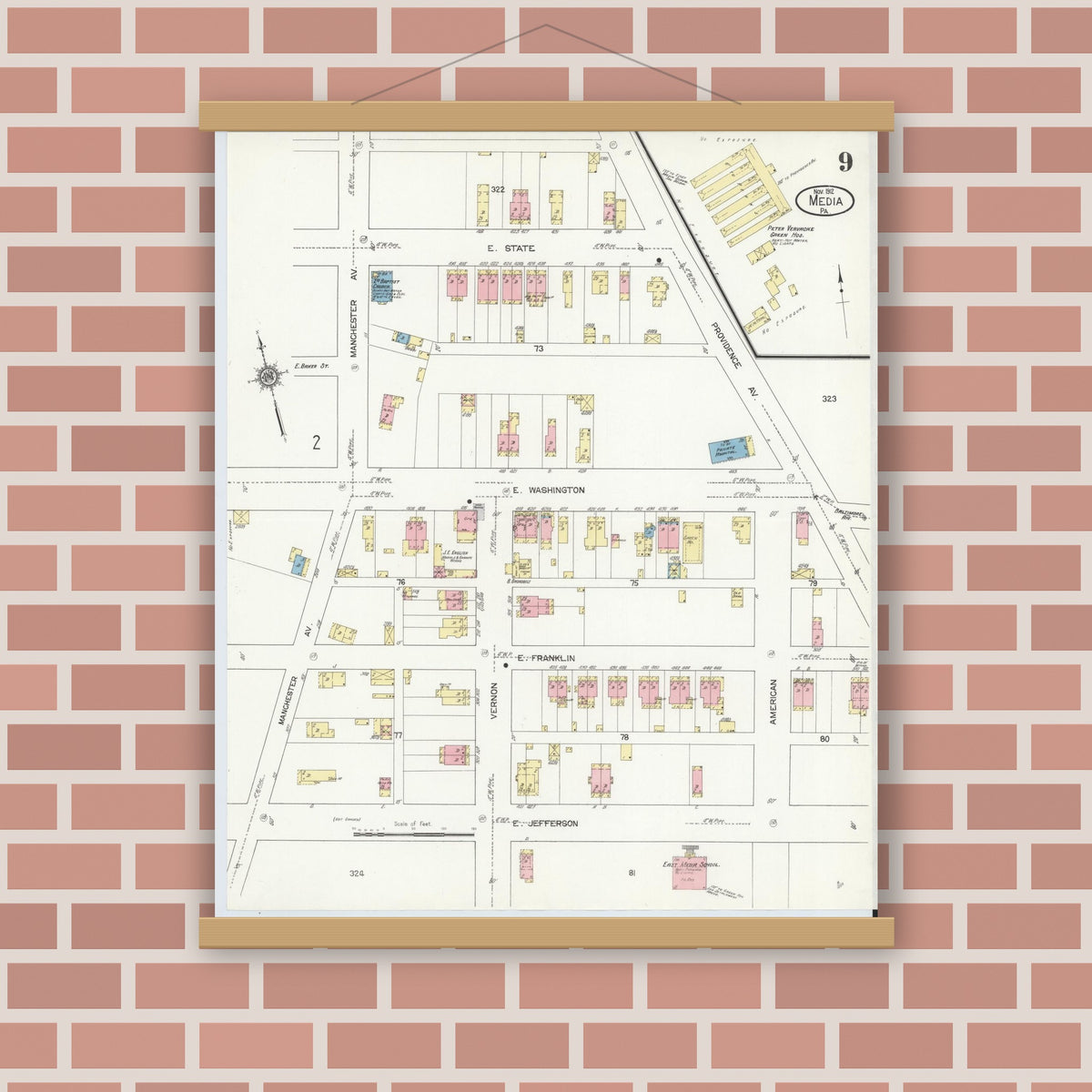 Old map wall art mockup — magnetic wood frame on brick wall — Sanborn Fire Insurance Map from Media, Delaware County, Pennsylvania (1912), Sheet #0009