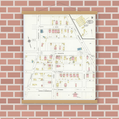 Old map wall art mockup — magnetic wood frame on brick wall — Sanborn Fire Insurance Map from Media, Delaware County, Pennsylvania (1912), Sheet #0009