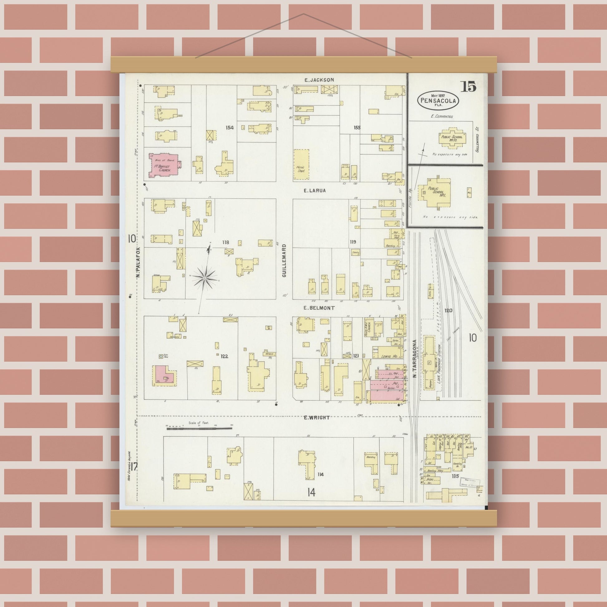 Old map wall art mockup — magnetic wood frame on brick wall — Sanborn Fire Insurance Map from Pensacola, Escambia County, Florida (1897), Sheet #0015