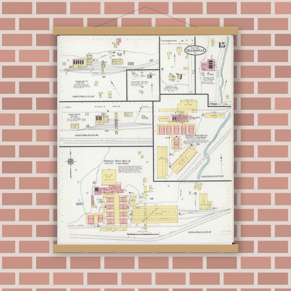 Old map wall art mockup — magnetic wood frame on brick wall — Sanborn Fire Insurance Map from Collinsville, Madison County, Illinois (1915), Sheet #0015