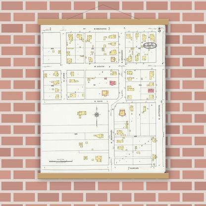 Old map wall art mockup — magnetic wood frame on brick wall — Sanborn Fire Insurance Map from Bloomfield, Greene County, Indiana (1921), Sheet #0005