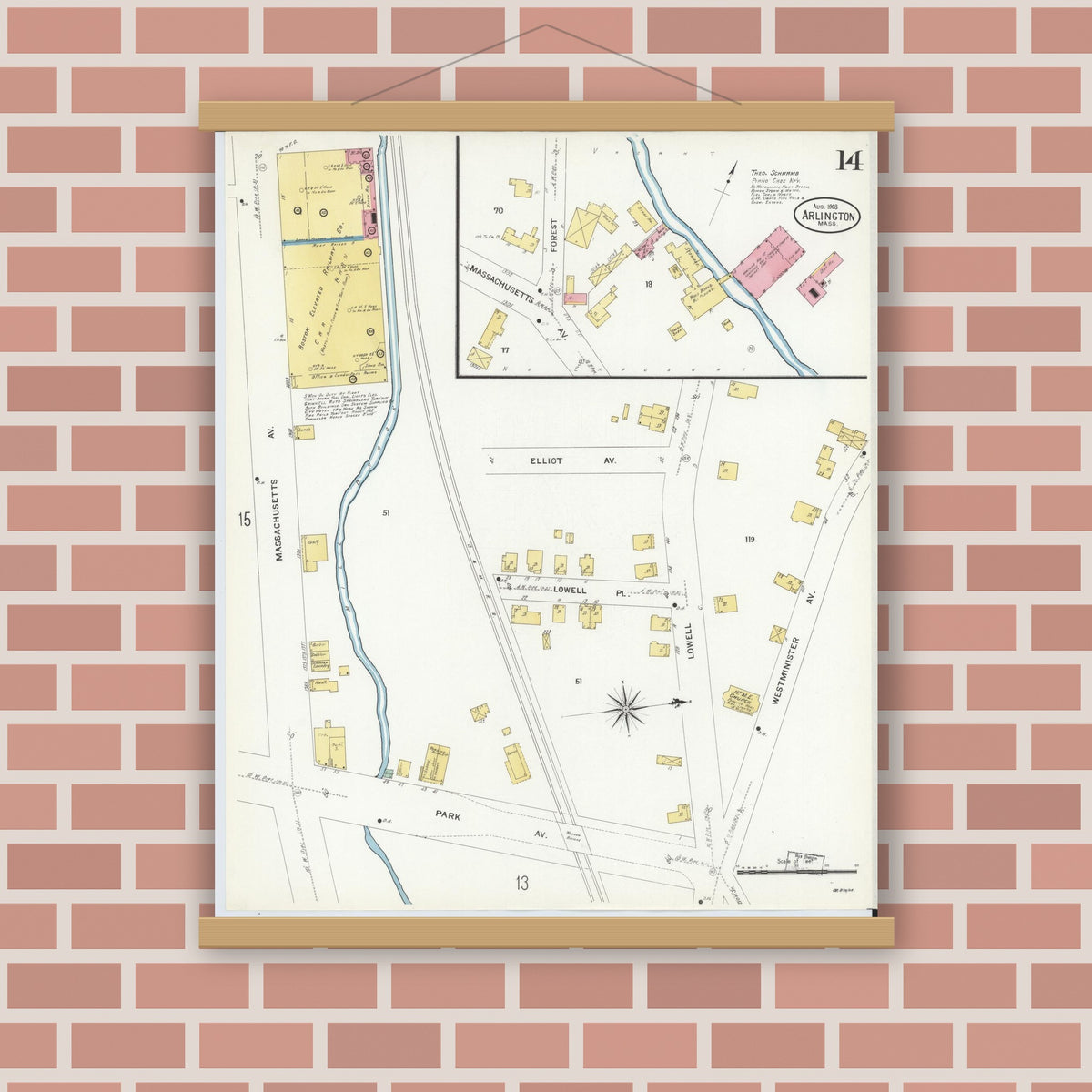 Old map wall art mockup — magnetic wood frame on brick wall — Sanborn Fire Insurance Map from Arlington, Middlesex County, Massachusetts (1908), Sheet #0014