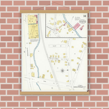 Old map wall art mockup — magnetic wood frame on brick wall — Sanborn Fire Insurance Map from Arlington, Middlesex County, Massachusetts (1908), Sheet #0014