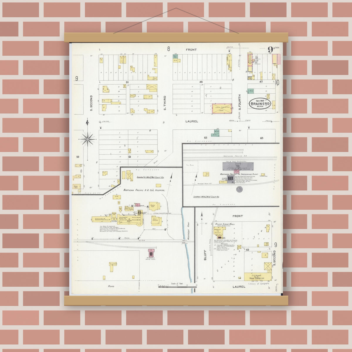 Old map wall art mockup — magnetic wood frame on brick wall — Sanborn Fire Insurance Map from Brainerd, Crow Wing County, Minnesota (1907), Sheet #0009