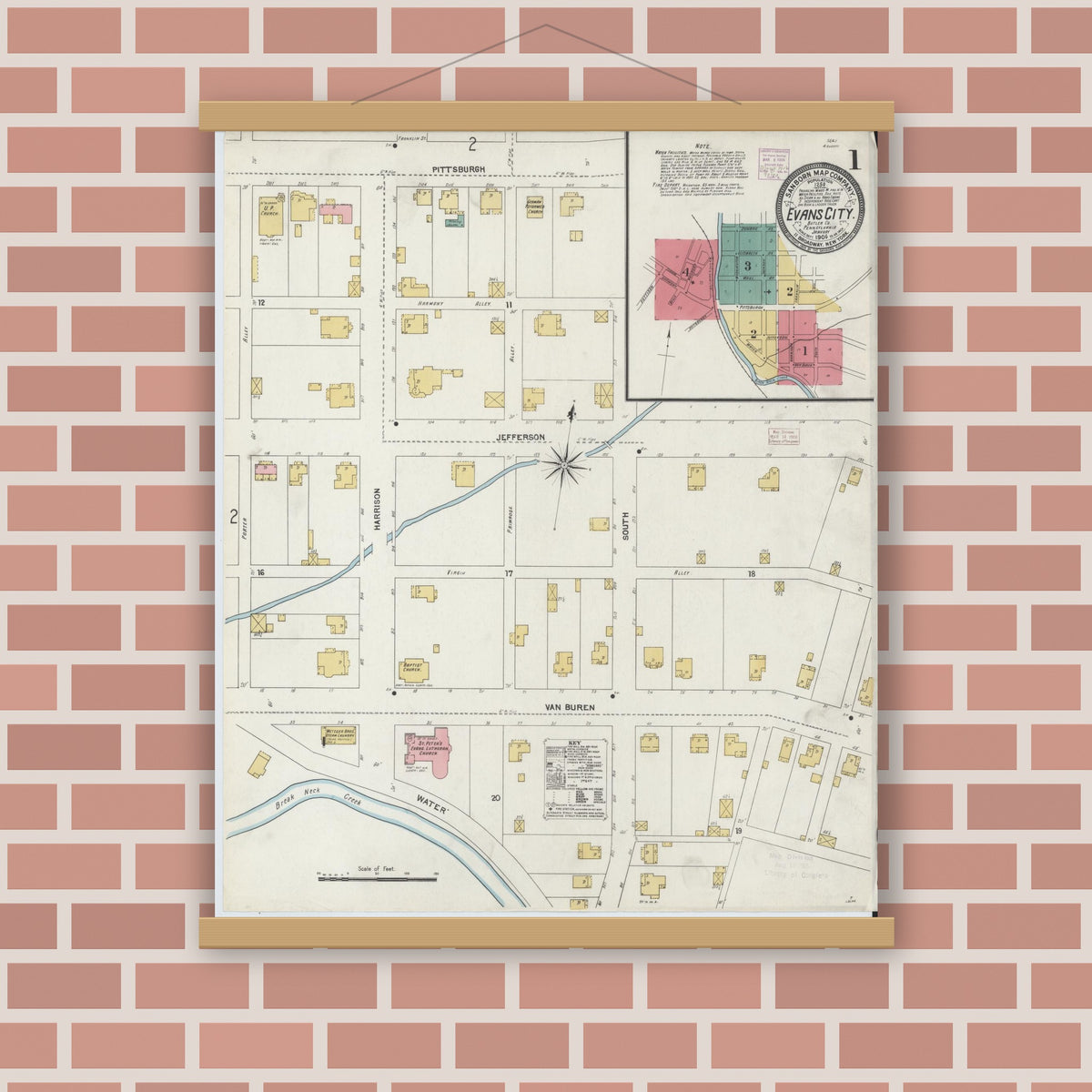 Old map wall art mockup — magnetic wood frame on brick wall — Sanborn Fire Insurance Map from Evans City, Butler County, Pennsylvania (1906), Sheet #0001