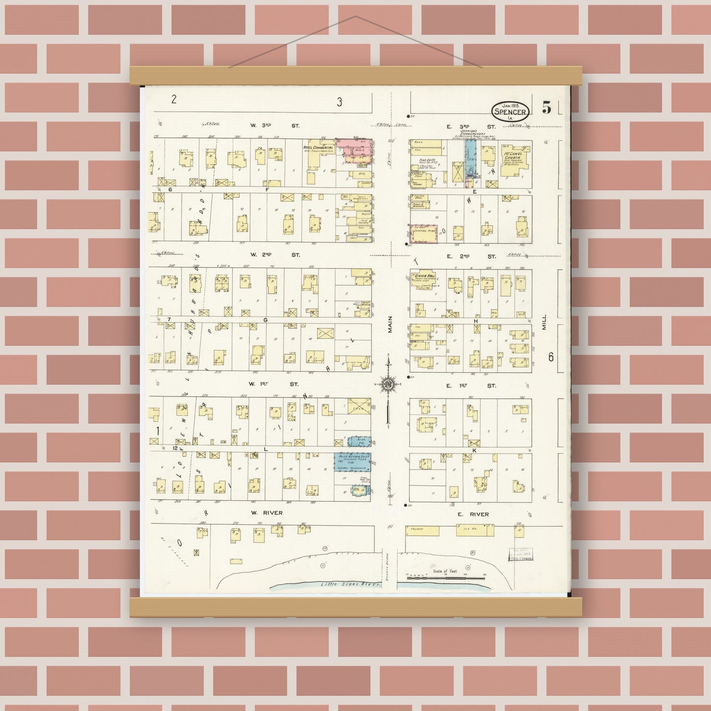 Old map wall art mockup — magnetic wood frame on brick wall — Sanborn Fire Insurance Map from Spencer, Clay County, Iowa (1915), Sheet #0005