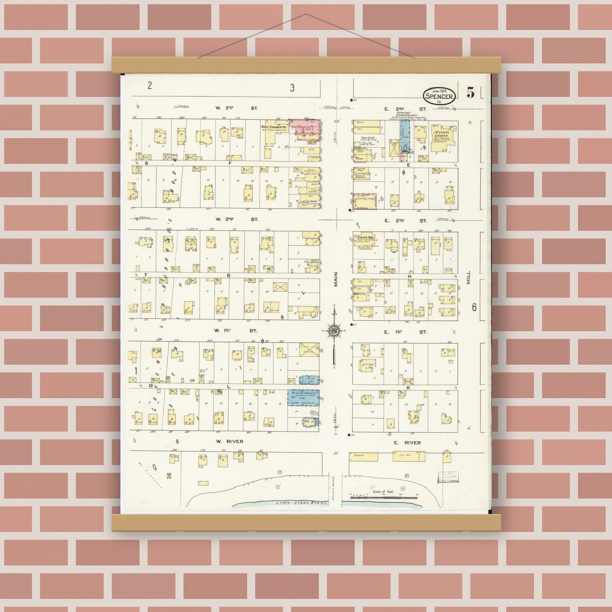 Old map wall art mockup — magnetic wood frame on brick wall — Sanborn Fire Insurance Map from Spencer, Clay County, Iowa (1915), Sheet #0005