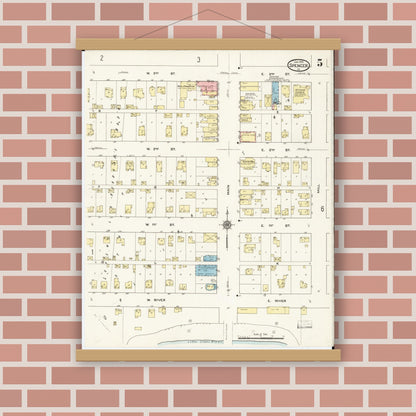 Old map wall art mockup — magnetic wood frame on brick wall — Sanborn Fire Insurance Map from Spencer, Clay County, Iowa (1915), Sheet #0005