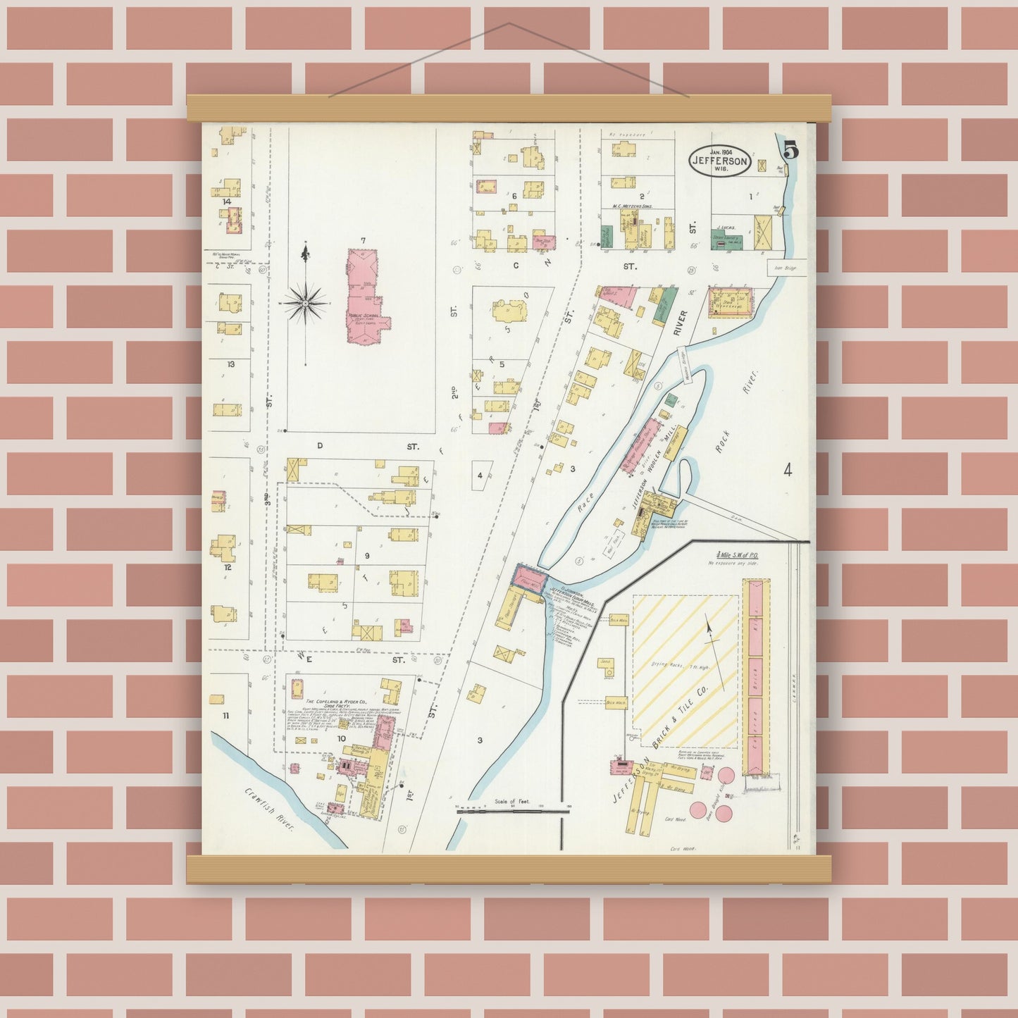 Old map wall art mockup — magnetic wood frame on brick wall — Sanborn Fire Insurance Map from Jefferson, Jefferson County, Wisconsin (1904), Sheet #0005