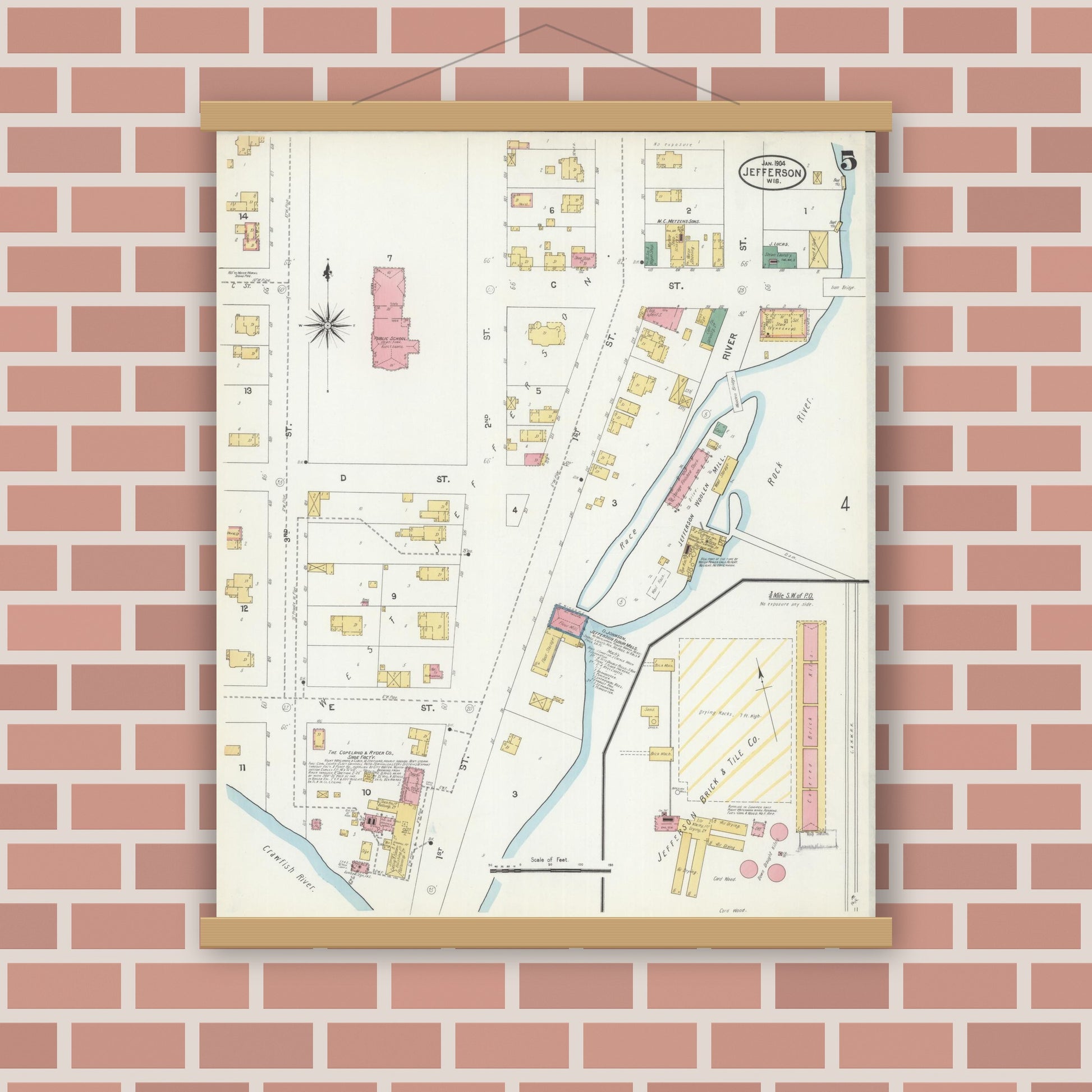 Old map wall art mockup — magnetic wood frame on brick wall — Sanborn Fire Insurance Map from Jefferson, Jefferson County, Wisconsin (1904), Sheet #0005