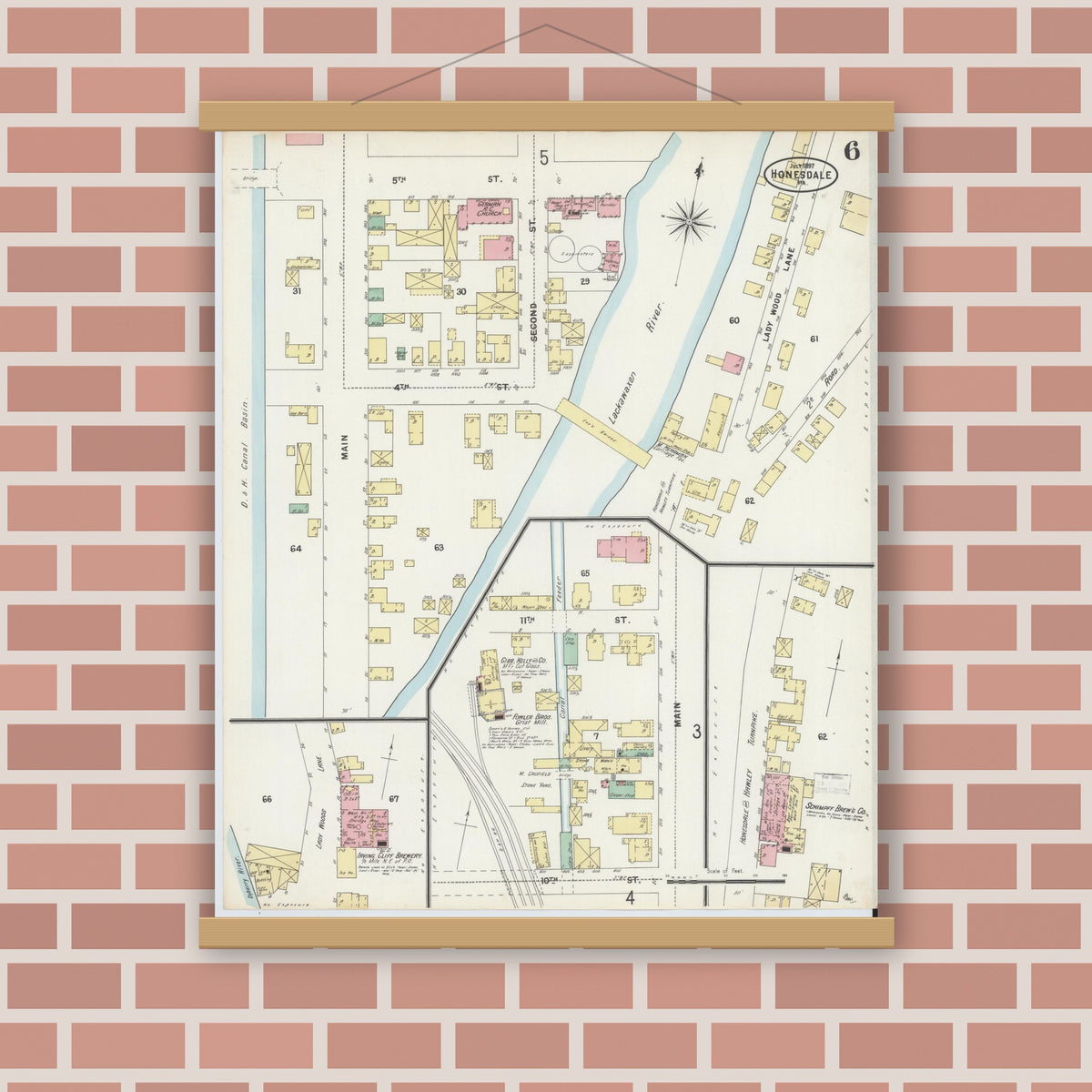 Old map wall art mockup — magnetic wood frame on brick wall — Sanborn Fire Insurance Map from Honesdale, Wayne County, Pennsylvania (1897), Sheet #0006