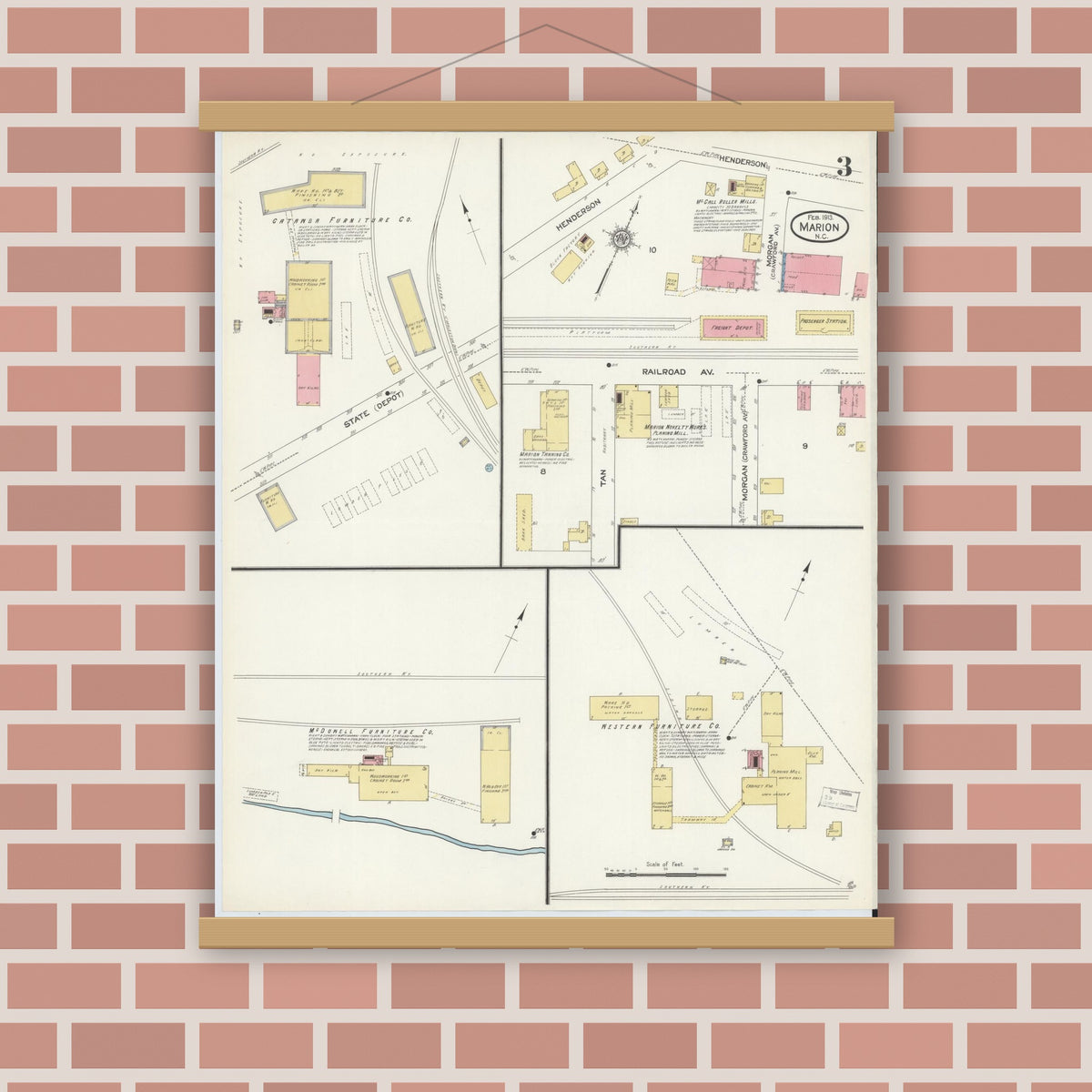 Old map wall art mockup — magnetic wood frame on brick wall — Sanborn Fire Insurance Map from Marion, Mcdowell County, North Carolina (1913), Sheet #0003