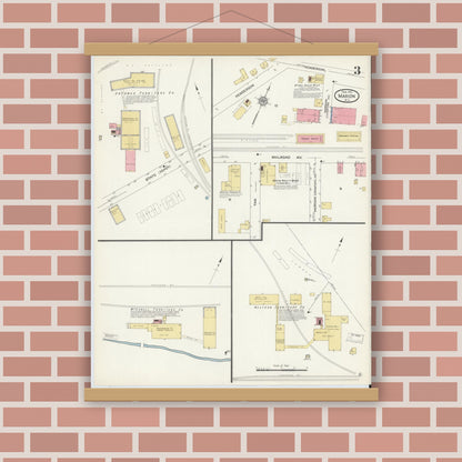 Old map wall art mockup — magnetic wood frame on brick wall — Sanborn Fire Insurance Map from Marion, Mcdowell County, North Carolina (1913), Sheet #0003