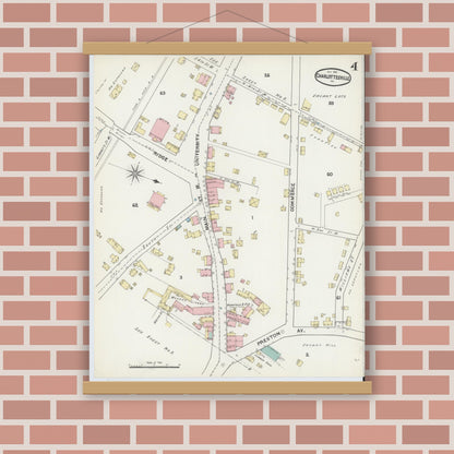 Old map wall art mockup — magnetic wood frame on brick wall — Sanborn Fire Insurance Map from Charlottesville, Independent Cities, Virginia (1891), Sheet #0004