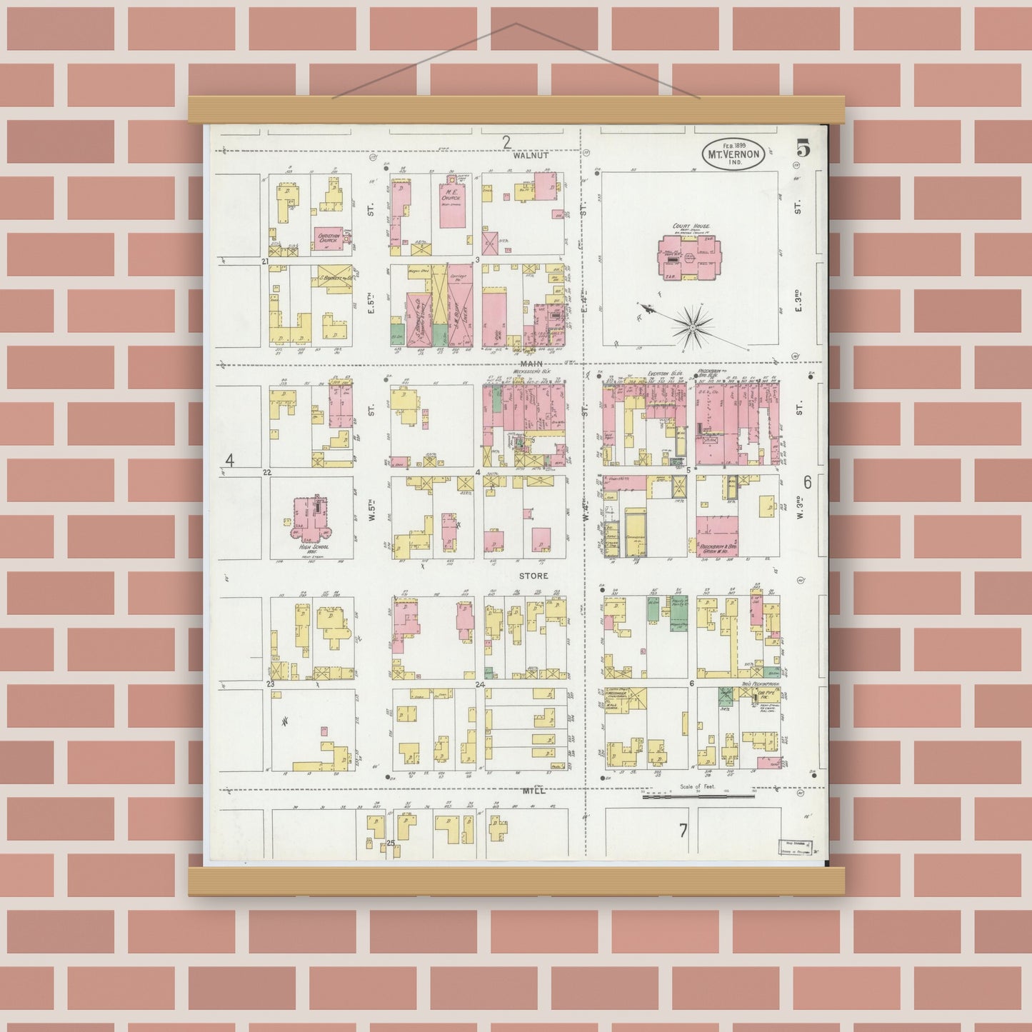 Old map wall art mockup — magnetic wood frame on brick wall — Sanborn Fire Insurance Map from Mount Vernon, Posey County, Indiana (1899), Sheet #0005