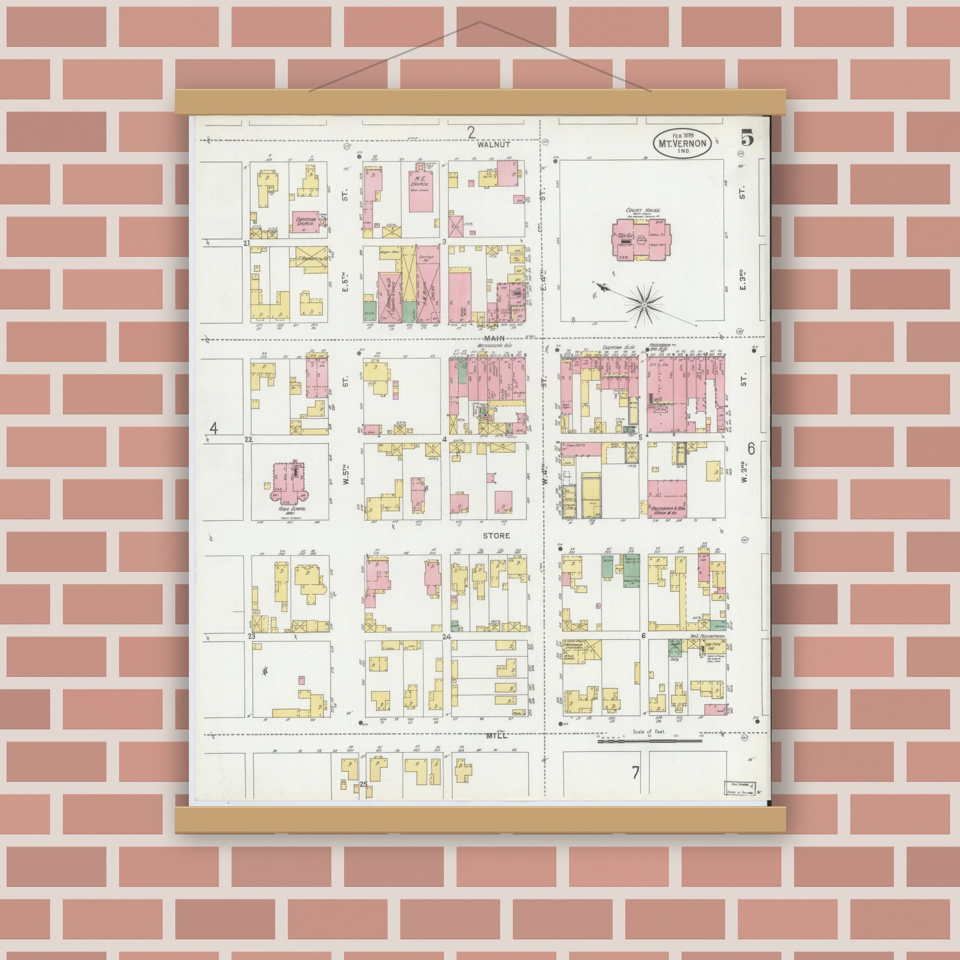Old map wall art mockup — magnetic wood frame on brick wall — Sanborn Fire Insurance Map from Mount Vernon, Posey County, Indiana (1899), Sheet #0005