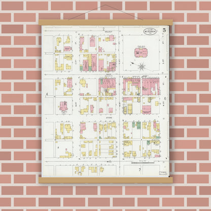 Old map wall art mockup — magnetic wood frame on brick wall — Sanborn Fire Insurance Map from Mount Vernon, Posey County, Indiana (1899), Sheet #0005