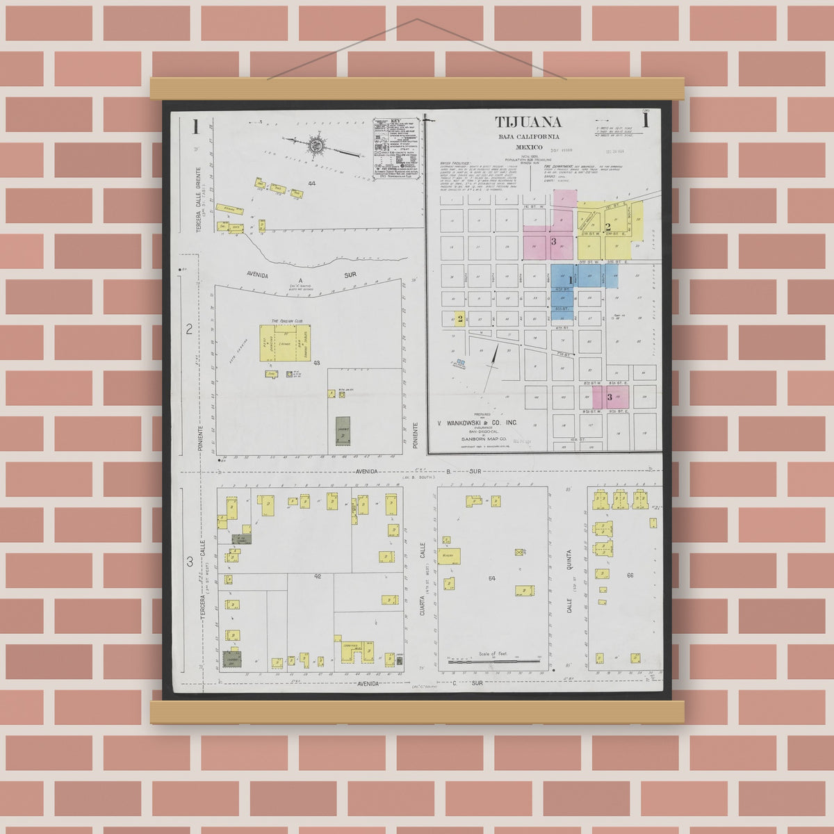 Old map wall art mockup — magnetic wood frame on brick wall — Sanborn Fire Insurance Map from Tijuana, Baja California (Mexico) (1924) - Complete Map Set
