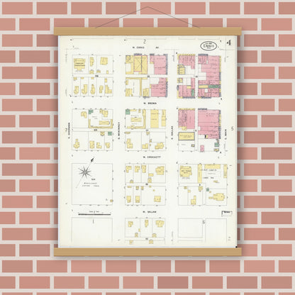 Old map wall art mockup — magnetic wood frame on brick wall — Sanborn Fire Insurance Map from Ennis, Ellis County, Texas (1909), Sheet #0004