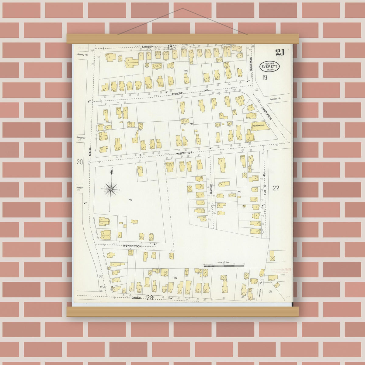 Old map wall art mockup — magnetic wood frame on brick wall — Sanborn Fire Insurance Map from Everett, Middlesex County, Massachusetts (1903), Sheet #0021