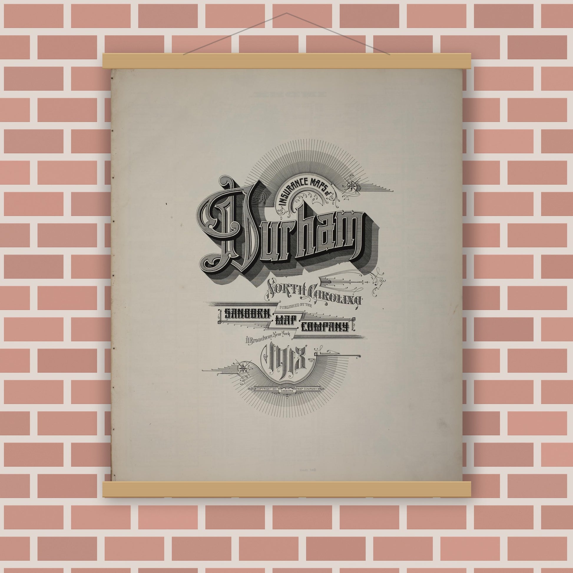 Old map wall art mockup — magnetic wood frame on brick wall — Sanborn Fire Insurance Map from Durham, Durham County, North Carolina (1913), Sheet #0001