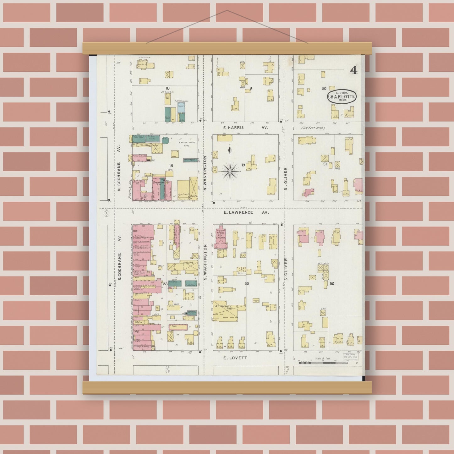 Old map wall art mockup — magnetic wood frame on brick wall — Sanborn Fire Insurance Map from Charlotte, Eaton County, Michigan (1895), Sheet #0004