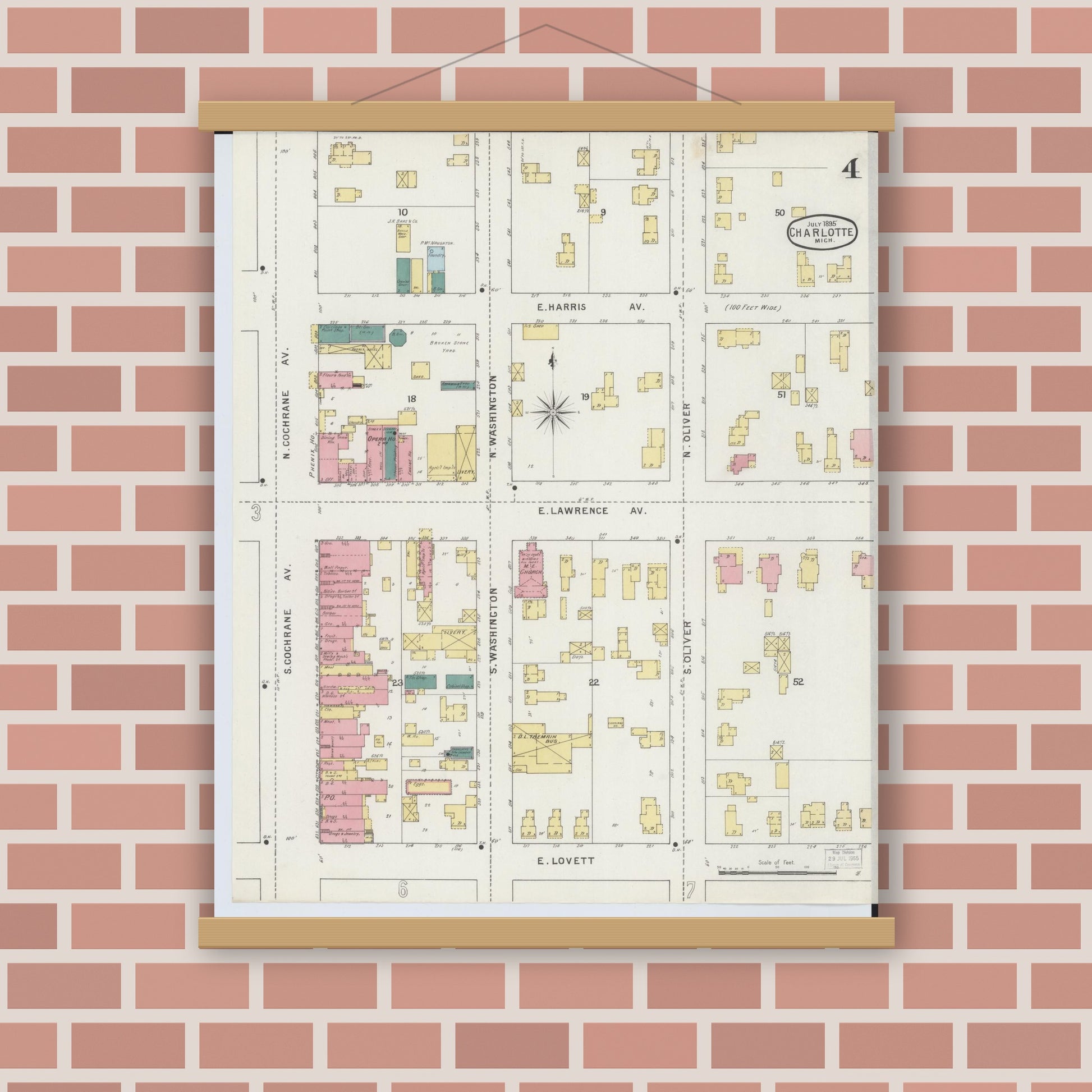 Old map wall art mockup — magnetic wood frame on brick wall — Sanborn Fire Insurance Map from Charlotte, Eaton County, Michigan (1895), Sheet #0004