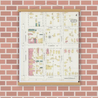 Old map wall art mockup — magnetic wood frame on brick wall — Sanborn Fire Insurance Map from Charlotte, Eaton County, Michigan (1895), Sheet #0004