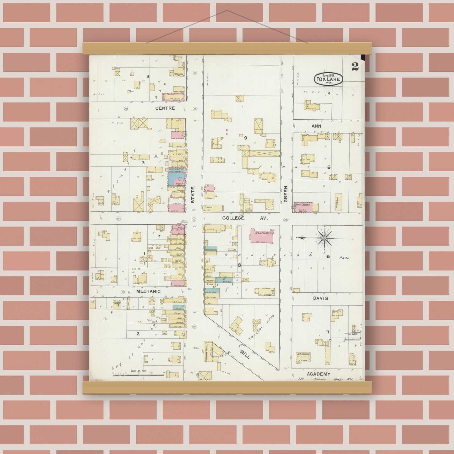 Old map wall art mockup — magnetic wood frame on brick wall — Sanborn Fire Insurance Map from Fox Lake, Dodge County, Wisconsin (1892), Sheet #0002