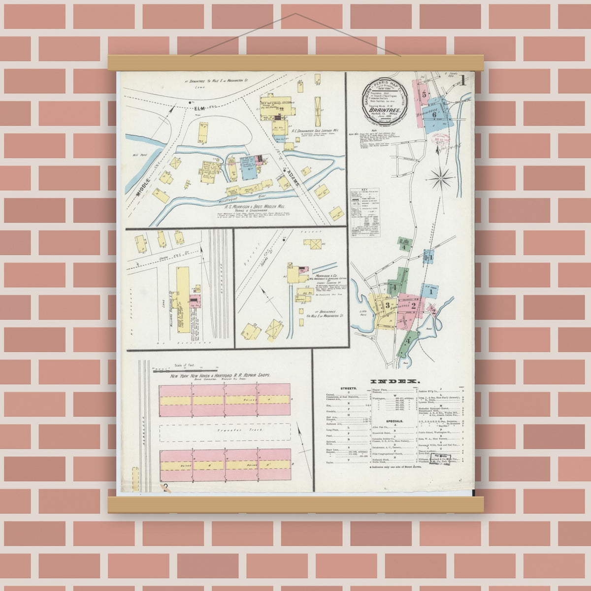 Old map wall art mockup — magnetic wood frame on brick wall — Sanborn Fire Insurance Map from Braintree, Norfolk County, Massachusetts (1896) - Complete Map Set