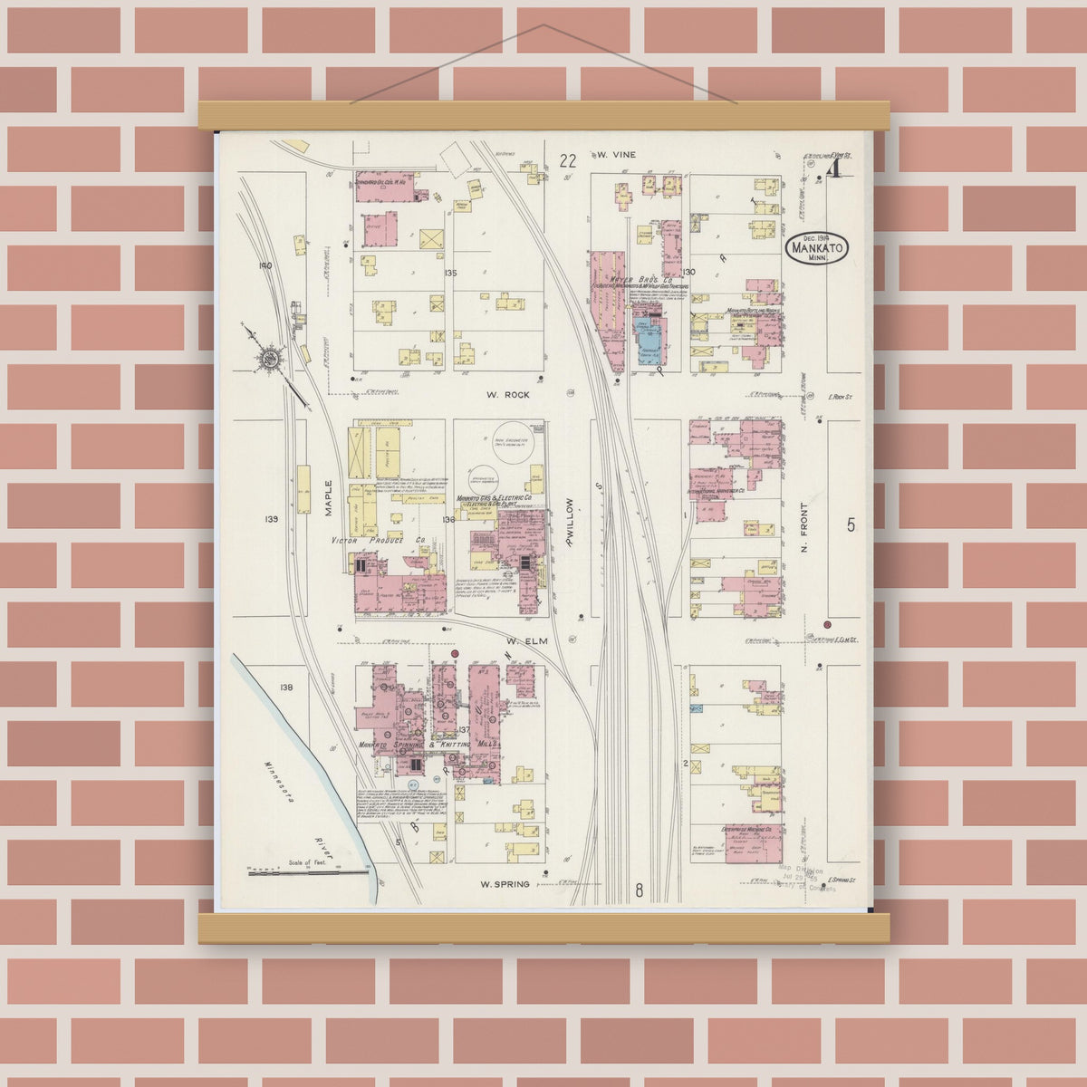 Old map wall art mockup — magnetic wood frame on brick wall — Sanborn Fire Insurance Map from Mankato, Blue Earth County, Minnesota (1914), Sheet #0004