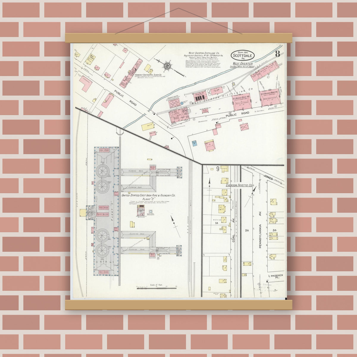 Old map wall art mockup — magnetic wood frame on brick wall — Sanborn Fire Insurance Map from Scottdale, Westmoreland County, Pennsylvania (1914), Sheet #0008