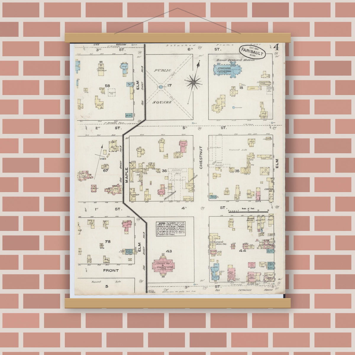Old map wall art mockup — magnetic wood frame on brick wall — Sanborn Fire Insurance Map from Faribault, Rice County, Minnesota (1884), Sheet #0004