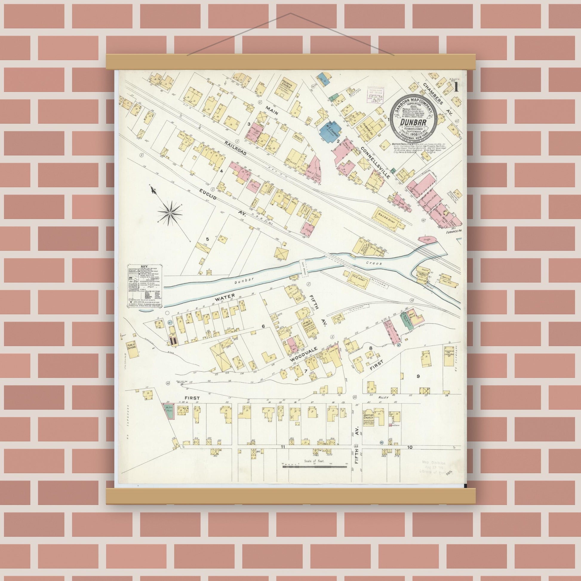 Old map wall art mockup — magnetic wood frame on brick wall — Sanborn Fire Insurance Map from Dunbar, Fayette County, Pennsylvania (1908) - Complete Map Set
