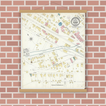 Old map wall art mockup — magnetic wood frame on brick wall — Sanborn Fire Insurance Map from Dunbar, Fayette County, Pennsylvania (1908) - Complete Map Set