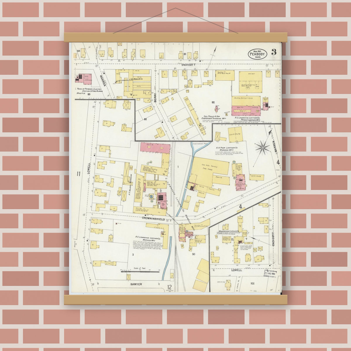 Old map wall art mockup — magnetic wood frame on brick wall — Sanborn Fire Insurance Map from Peabody, Essex County, Massachusetts (1903), Sheet #0003