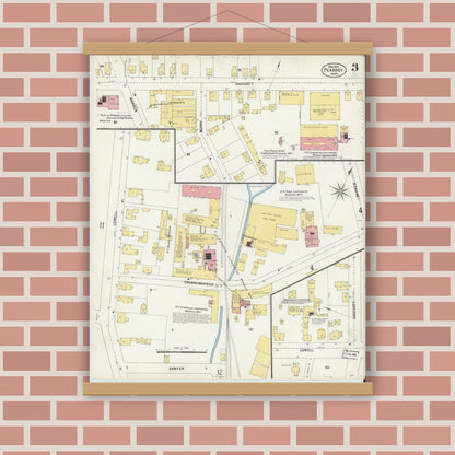 Old map wall art mockup — magnetic wood frame on brick wall — Sanborn Fire Insurance Map from Peabody, Essex County, Massachusetts (1903), Sheet #0003