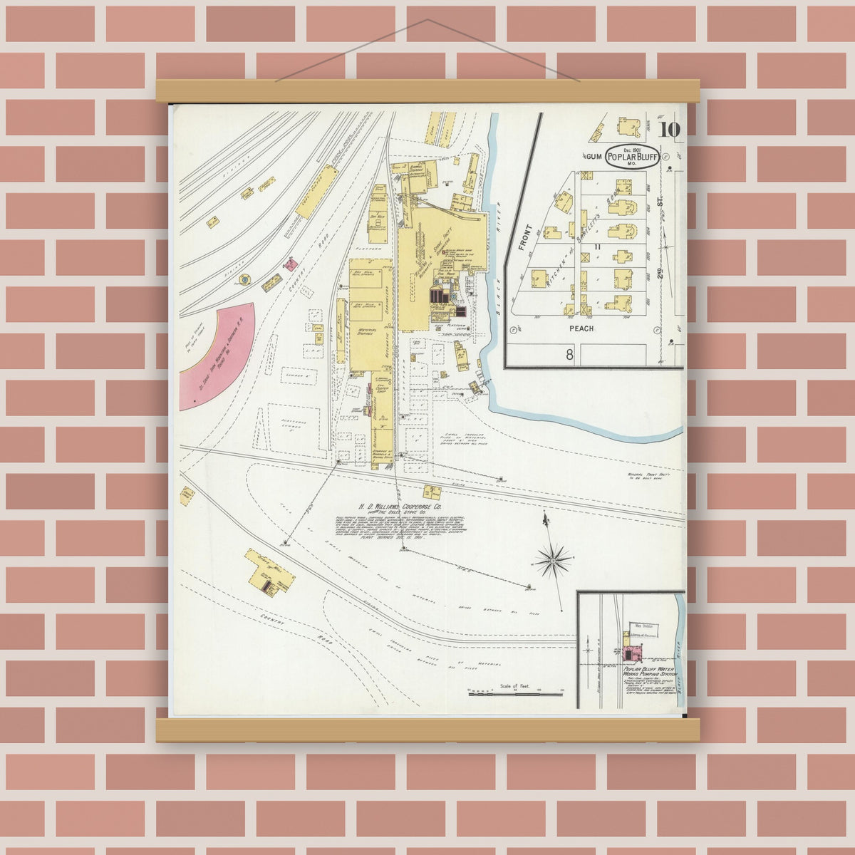 Old map wall art mockup — magnetic wood frame on brick wall — Sanborn Fire Insurance Map from Poplar Bluff, Butler County, Missouri (1901), Sheet #0010