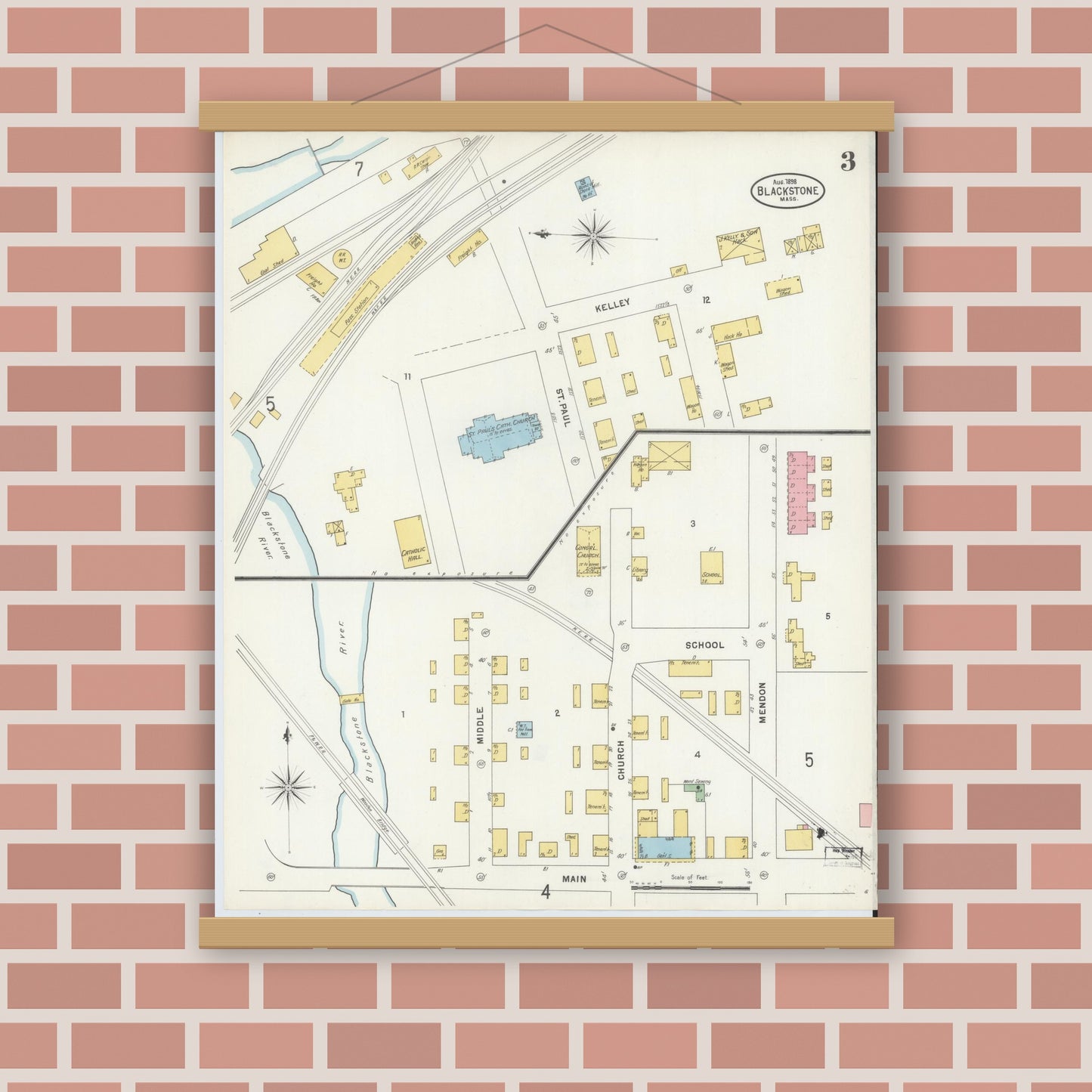 Old map wall art mockup — magnetic wood frame on brick wall — Sanborn Fire Insurance Map from Blackstone, Worcester County, Massachusetts (1898), Sheet #0003