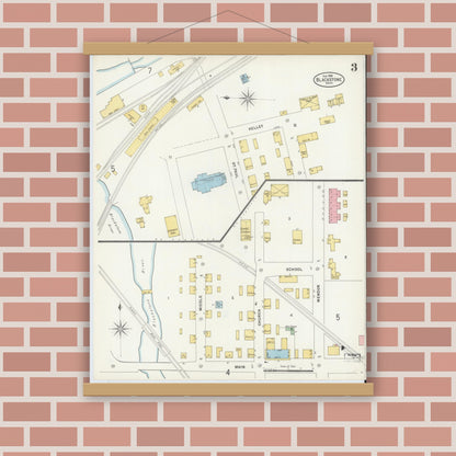 Old map wall art mockup — magnetic wood frame on brick wall — Sanborn Fire Insurance Map from Blackstone, Worcester County, Massachusetts (1898), Sheet #0003