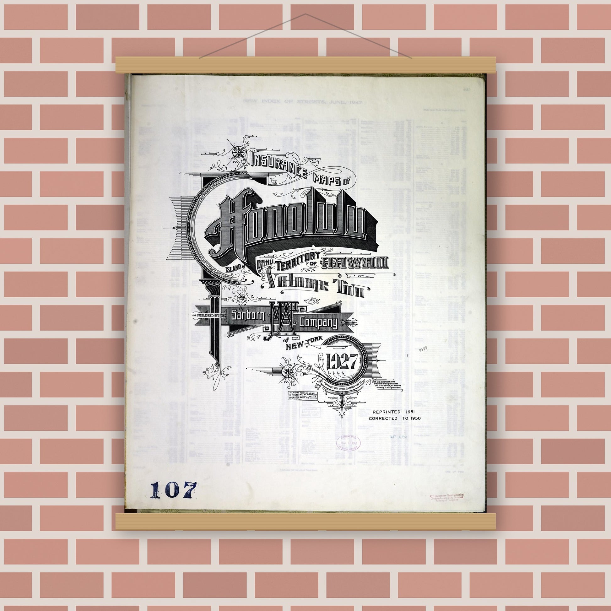 Old map wall art mockup — magnetic wood frame on brick wall — Sanborn Fire Insurance Map from Honolulu, Oahu County, Hawaii (1951), Sheet #0001