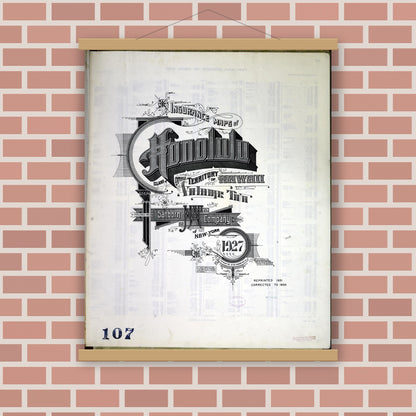 Old map wall art mockup — magnetic wood frame on brick wall — Sanborn Fire Insurance Map from Honolulu, Oahu County, Hawaii (1951), Sheet #0001