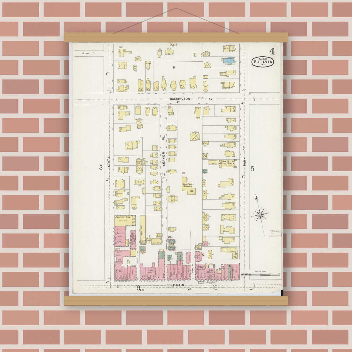 Old map wall art mockup — magnetic wood frame on brick wall — Sanborn Fire Insurance Map from Batavia, Genesee County, New York (1896), Sheet #0004